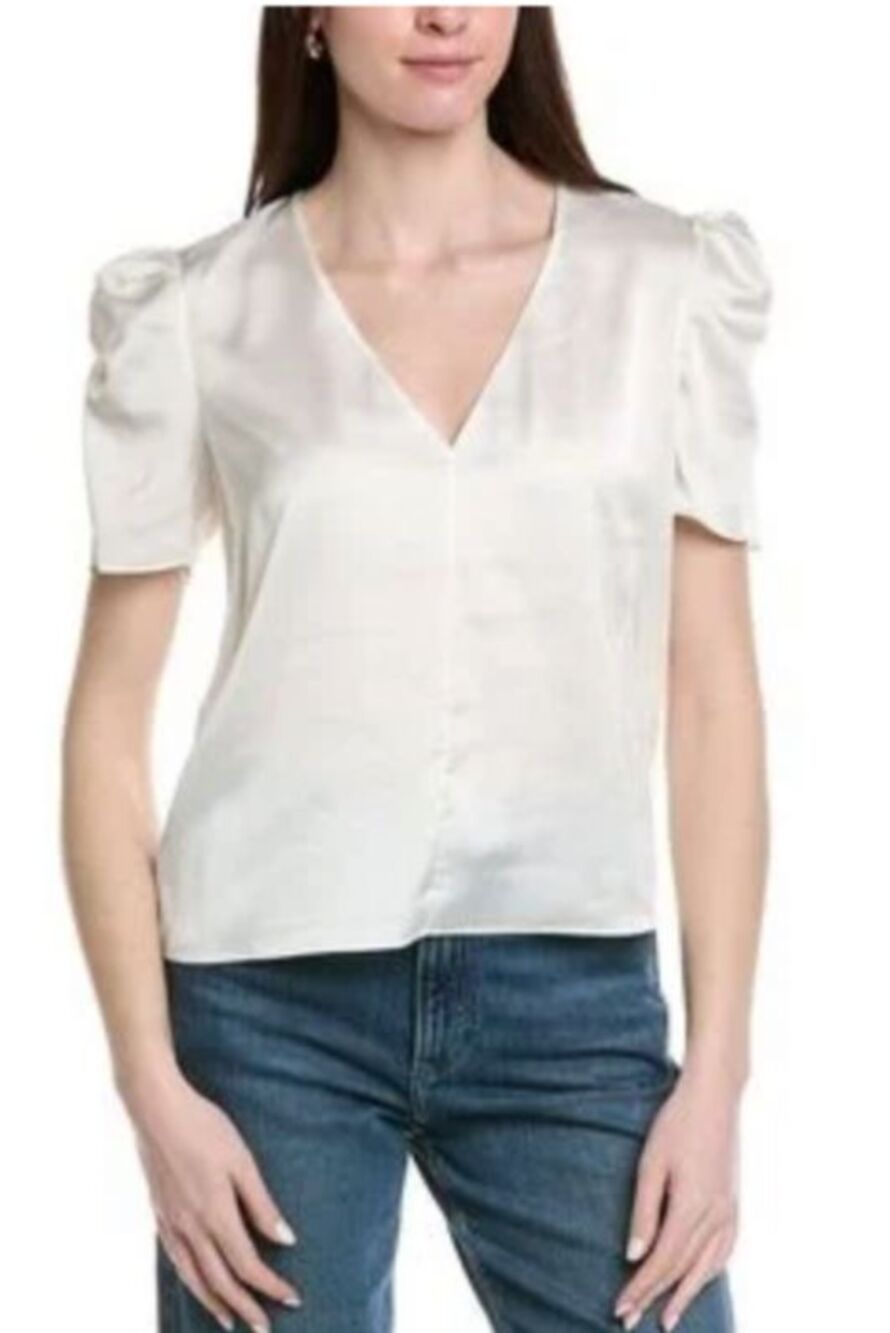 FRAME Women's V-Neck Puff Sleeve Satin Blouse Top Cream Size XL Elegant Romantic